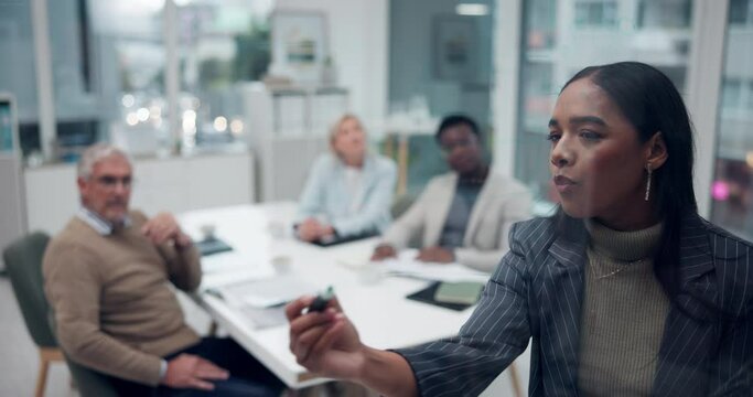 Business people, glass and writing for proposal or presentation, project meeting and sales pitch for investors. Clients, woman and value proposition for partnership, collaboration and b2b planning