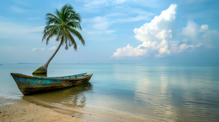 Obraz premium photo wooden boat near coconut tree on sunny day