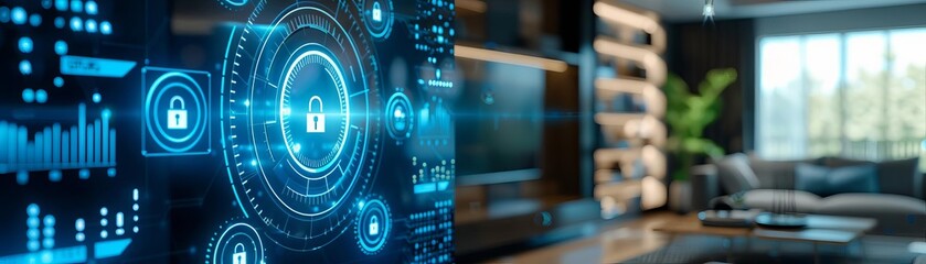 Obraz premium Smart home, holographic security controls, modern tech, safe living environment