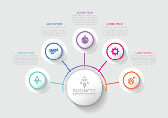 Vector infographic business presentation template with circular interconnection with 5 options.