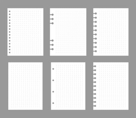 Set of notebook sheets isolated on gray background. Realistic white blanks of dots paper. Different vertical pages from diary. Vector template.