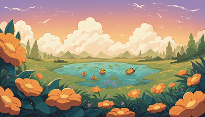 Immerse yourself in the dreamy ambiance of a vast lavender field bathed in the warm hues of a setting sun. Rows of fragrant lavender stretch to the horizon, creating a sea of purple blooms. Fluffy clo