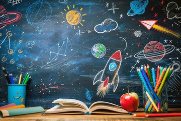 Educational Dreams Chalkboard with Space Motifs