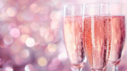 pink champagne glass closeup, bokeh lights background