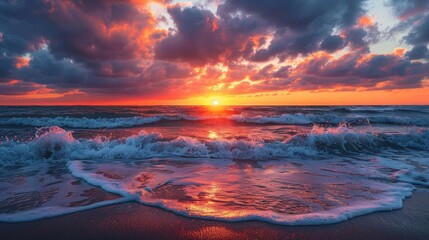 Beautiful sunset over the ocean with vibrant colors of the sky reflecting on the water and waves gently crashing on the shore.