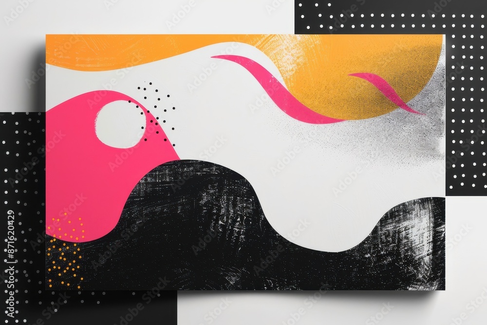 Poster design concept featuring dark geometric forms and colorful modern square against white background