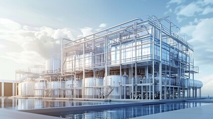 Fototapeta premium Wireframe desalination plant front view highlighting freshwater production advanced tone vivid