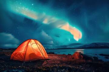 Wilderness camping with tent under breathtaking northern lights after sunset