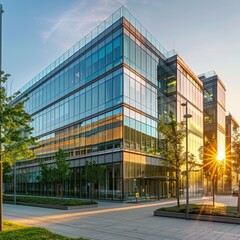 Fototapeta premium Modern Office Building Exterior Design with Glass Facade in High-Resolution AI-Generated Wallpaper, Showcasing the Architectural Brilliance and Contemporary Construction