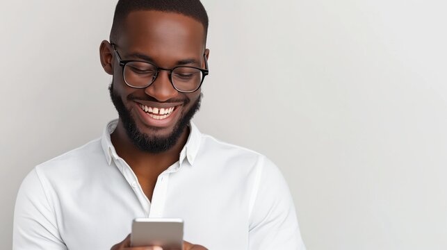 A man with glasses is smiling while looking at his cell phone. He is happy and enjoying himself