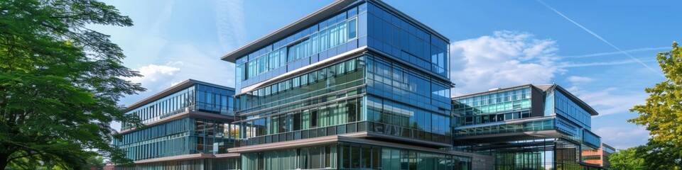Obraz premium Modern Office Building Exterior Design with Glass Facade in High-Resolution AI-Generated Wallpaper, Showcasing the Architectural Brilliance and Contemporary Construction