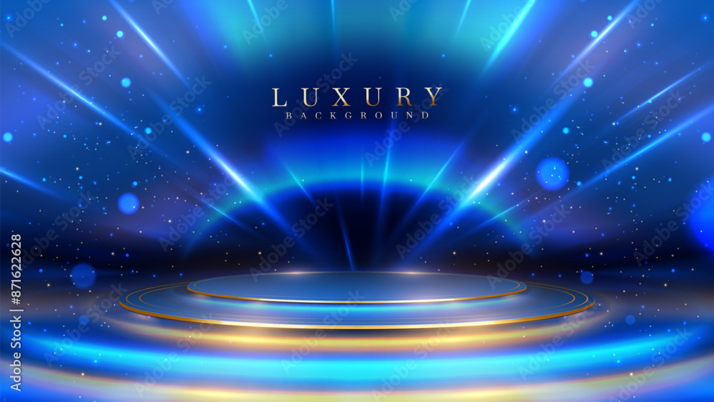 Wall mural empty blue podium on a dark background with a golden beam effect and bokeh decorations. luxury scene
