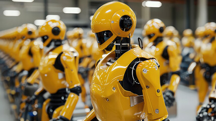 Multiple Yellow Robots Aligned in a Factory Setting generated with AI
