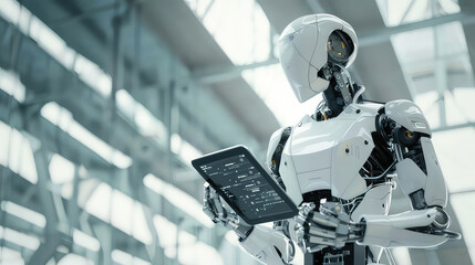 Futuristic humanoid robot holding touchscreen tablet in industrial setting generated with AI