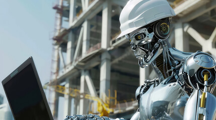 Robot Engineer Working at Construction site Using Laptop Computer generated with AI