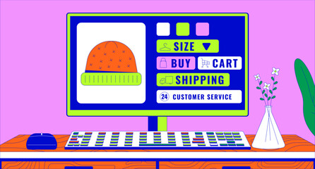 Knitted hats selling web site open on computer 2D linear illustration concept. Fashion accessory ordering on internet cartoon scene background. Online shopping metaphor abstract flat vector graphic