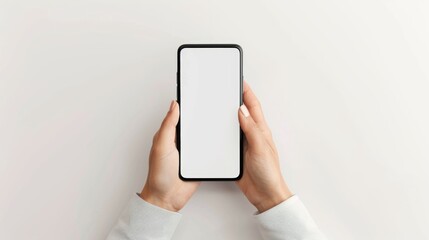 Hands hold mobile phone screen mockup, horizontal smartphone display mock up isolated on white