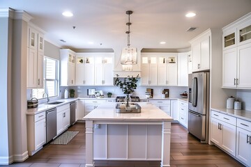 Fototapeta premium A modern kitchen with white cabinetry, a large island, and stainless steel appliances.