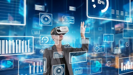 Woman selecting big data dynamic market percentage analysis graph by VR future global innovation interface digital infographic network technology visual hologram animation at server room. Contraption.