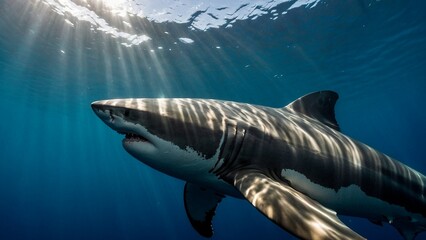 Fototapeta premium Stunning close-up portrait of a great white shark swimming near the ocean surface. Beautiful fish underwater photography illustration wallpaper. Carcharodon carcharias.
