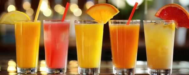 Colorful tropical cocktails and juice drinks garnished with fresh fruit slices.