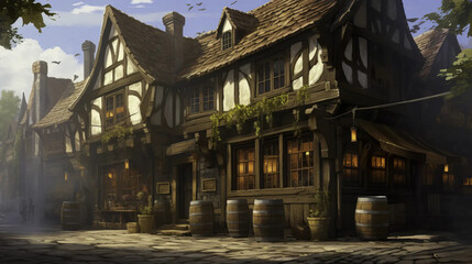 tavern, exterior, city, fantasy, buildings, lanterns  Fantasy RPG character 