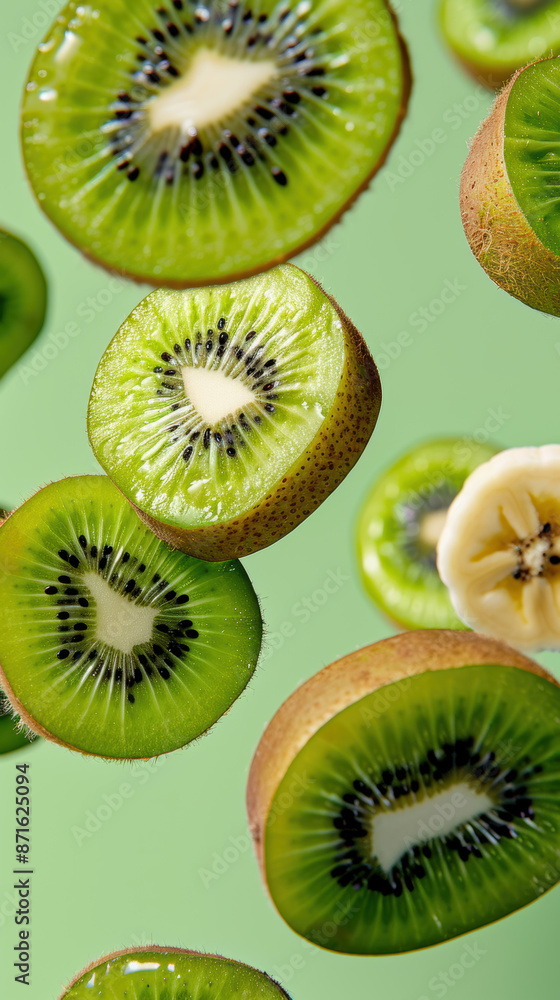 Wall mural A close up of a bunch of kiwi fruit with one slice missing