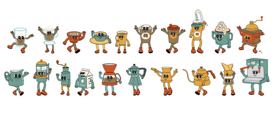 Brewing Coffee Groovy Characters set. Isolated on white. Cute y2k hot drink brewing stickers. Coffee machine and glass, cups retro collection.