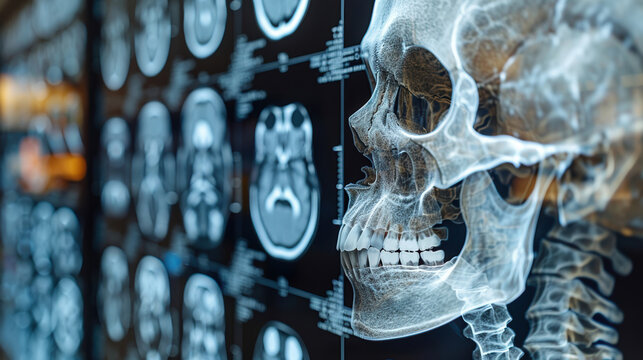 an X-ray of the skull. The skull is made up of many bones, including the cranium, the mandible, and the nasal bones. 