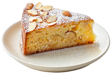 Delicious Almond Cake Slice – Close-up of Homemade Nutty Dessert with Powdered Sugar