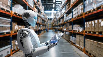 Robot in warehouse operating tablet for logistics management generated with AI