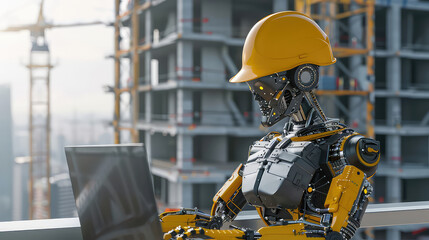 Robot Engineer Working at a Construction Site with Laptop generated with AI