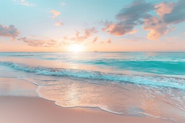 A beautiful beach with a calm ocean and a pink and orange sky