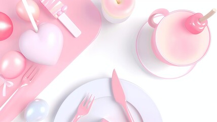 A  pink and white table setting with a cake, cutlery, and heart-shaped decorations.  The image creates a whimsical and festive mood.