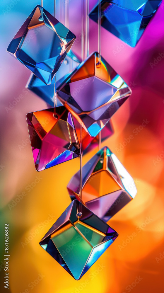 Poster a colorful array of diamond-shaped glass ornaments hanging from a string
