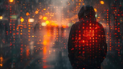 A mysterious figure stands in the rain, their body covered in a red digital pattern. The city lights are reflected in the water on the ground, creating a sense of mystery and danger.