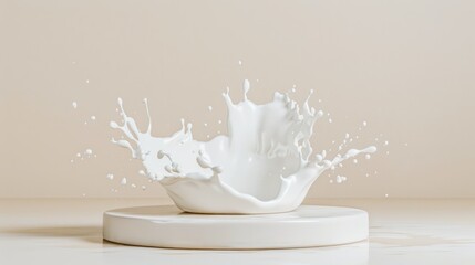 cream product podium mockup with dynamic liquid milk splash on light gold background, cosmetic advertising design, 3d render