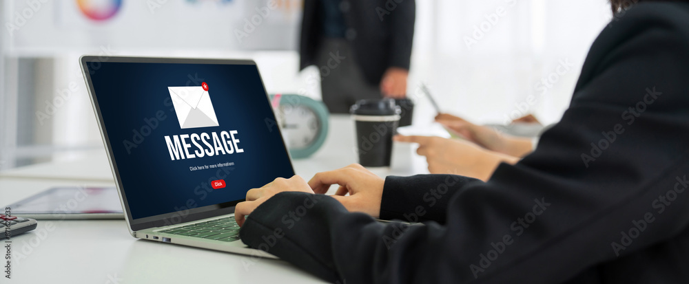 Poster email notification message showing on computer screen snugly. digital marketing message information 