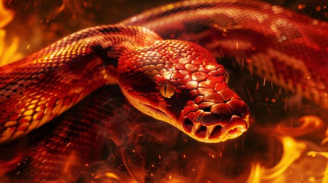 Python Snake with Scales Glowing Amidst Flames