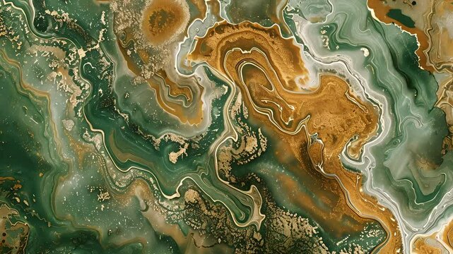 Abstract fluid marble pattern with rich greens, earthy browns, and hints of gold. Organic swirls and natural textures resembling precious gemstones and minerals.
