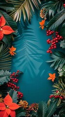 A vibrant tropical frame of red flowers and berries surrounding a teal background.