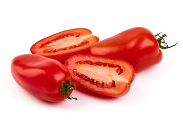 Long red ripe italian san marzano pasta sauce tomatoes, isolated on white background.