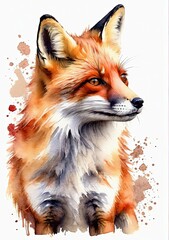 Fototapeta premium The painting depicts a fox in vibrant watercolors, with its fur rendered in warm hues. The fox's expressive eyes gaze from the canvas, encircled by whimsical bursts of color. Generated by AI. 