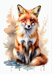 Obraz premium The painting depicts a fox in vibrant watercolors, with its fur rendered in warm hues. The fox's expressive eyes gaze from the canvas, encircled by whimsical bursts of color. Generated by AI. 