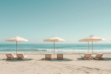 Fototapeta premium Three beach umbrellas are set up on a sandy beach, with chairs underneath them