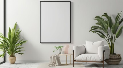 Blank picture frame mockup in minimalistic modern interior. Vertical template mock up for artwork, painting, photo or poster in interior design