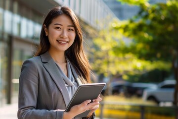 Smiling young asian businesswoman using digital tablet in blurred city background, technology concept