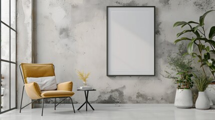 Blank picture frame mockup in minimalistic modern interior. Vertical template mock up for artwork, painting, photo or poster in interior design