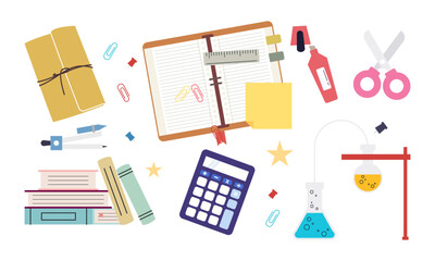 Different stationery for studying vector illustrations set