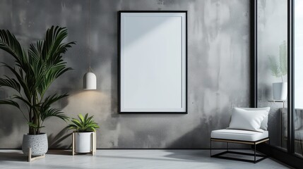 Blank picture frame mockup in minimalistic modern interior. Vertical template mock up for artwork, painting, photo or poster in interior design